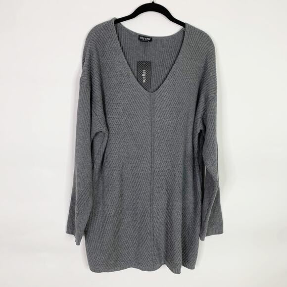 City Chic Sweaters - City Chic Sweater Plus Size 20 L Gray Jumper Simple V-neck Ribbed Charcoal Marle